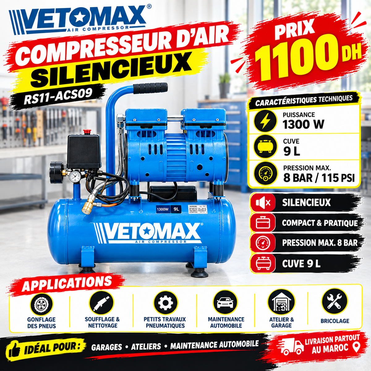 RS11-ACS09 COMPRESSEUR D'AIR SILENCIEUX 9L
