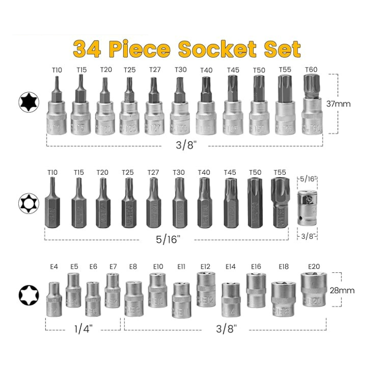 YZ-4036-1    COFFRET DOUILLES TORX 34 PCS E4 A E20 T10 A T60 1 4 3 8