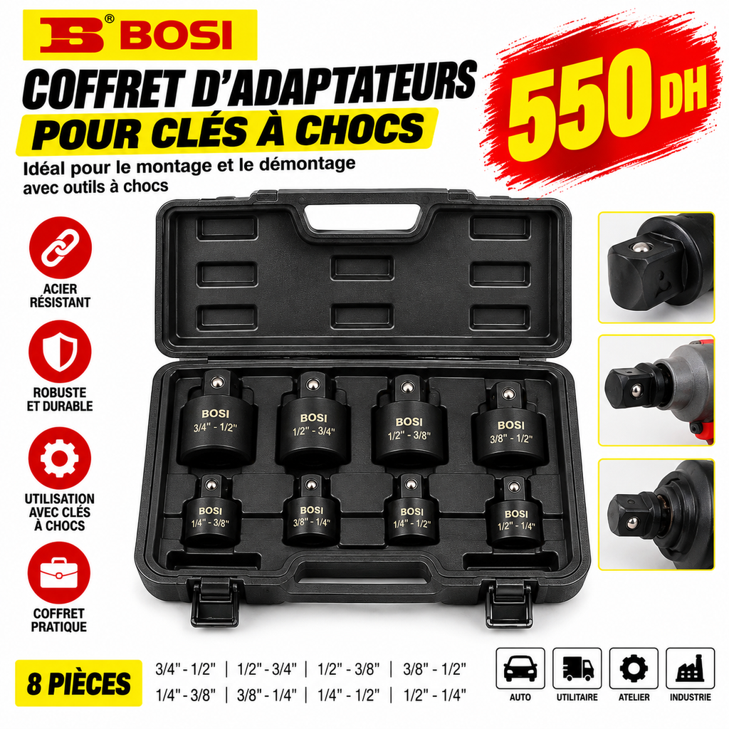 Coffret d’Adaptateurs pour Clé à Chocs – 8 Pièces  BS365808