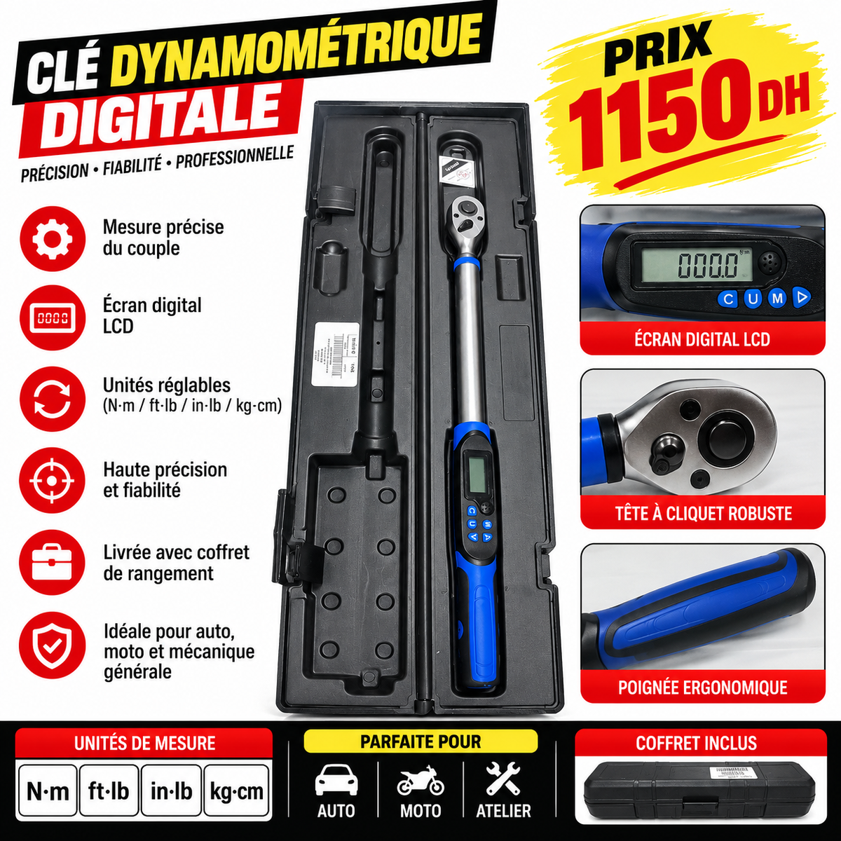 YZ-4033-10 CLÉ DYNAMOMÉTRIQUE ÉLECTRONIQUE 1/2" 10-200 N.M